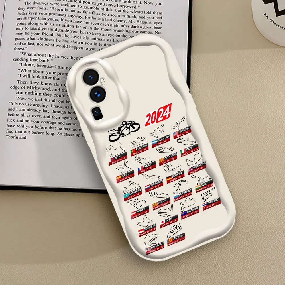 M-Moto GP 2024 Racing Motorcycle Calendar Phone Case For OPPO Reno 11 11F 8 8T 7 7Z 6 5 5F 4 Pro A17 A16 A16S A15 3D Wave Cover