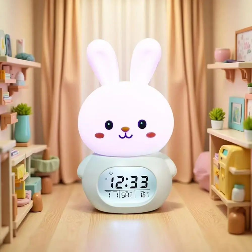 Cute Rabbit Silicone Vibrating Alarm Clock Intelligent Bedside Rechargeable Night Light Snooze Alarm Timer