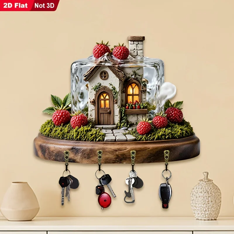 2D Flat, 1pc, Raspberry Cottage Themed Key Hook, Wooden Multifunctional Home Key Rack, with Four Metal Hooks, Wall Decoration,