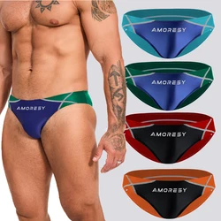 AMORESY men's spandex Colour Matching ultra low waisted sexy sports beach oily omfortable silk smooth Swimming Trunks Briefs