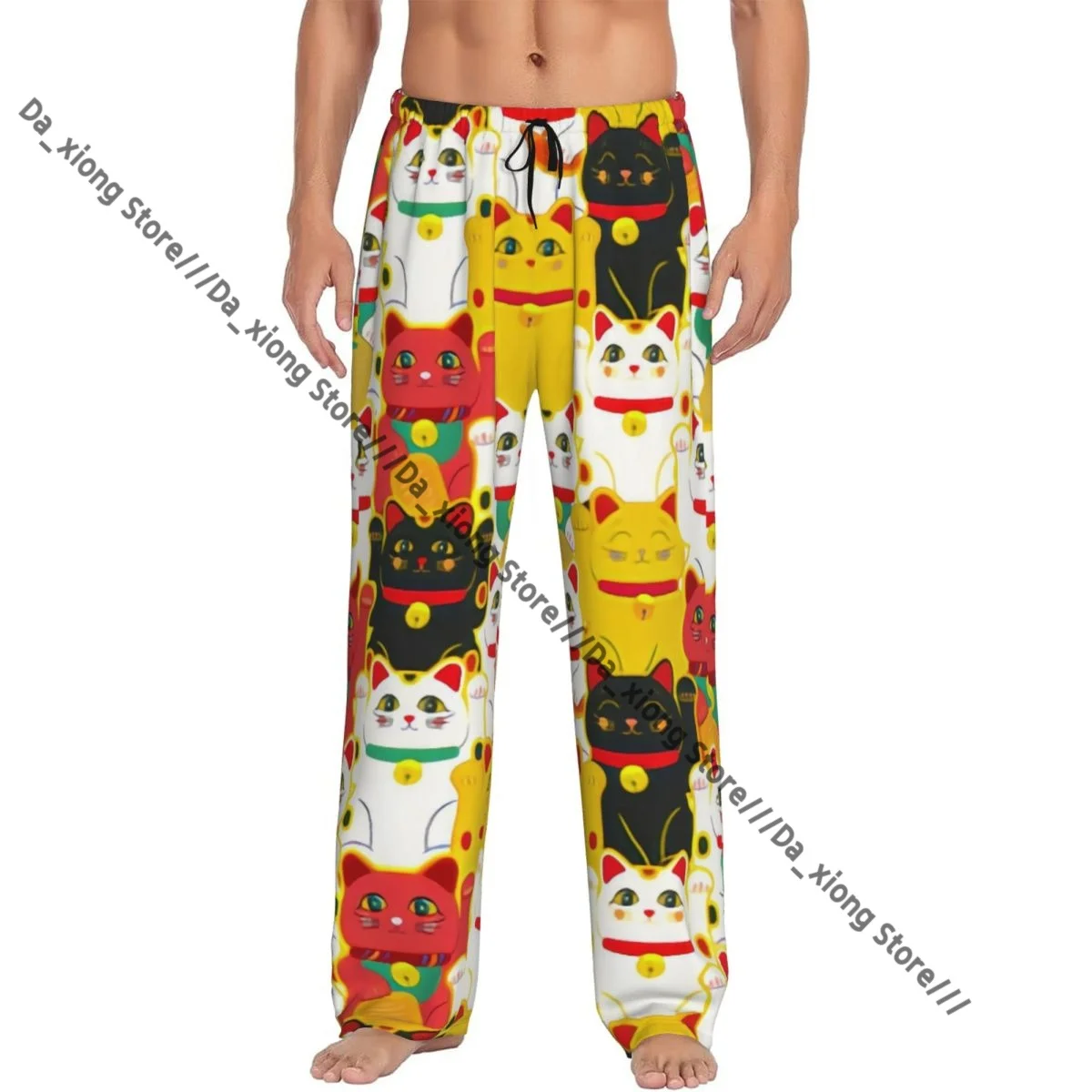 

Men's Casual Pajama Sleeping Pants Maneki Neko Cat Pattern Lucky Cats Lounge Loose Trousers Comfortable Nightwear