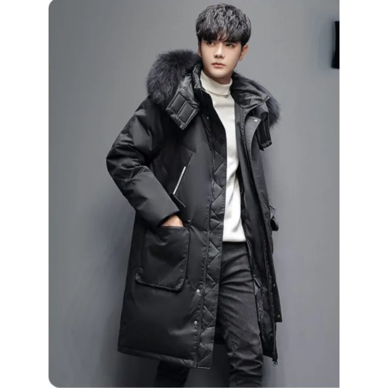 High Quality Winter Down Jacket Men Hooded Mid-length Windbreaker Thick Puffer Jacket Windproof Waterproof Coats Pockets Parkas