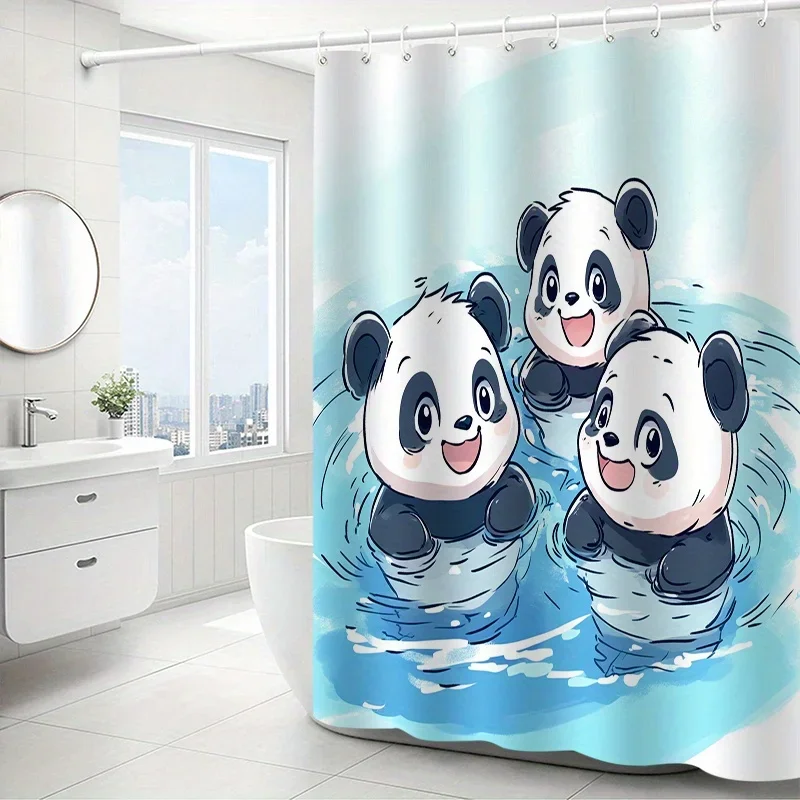 楽しいパンダのシャワーカーテン-–-水の中で遊ぶ漫画のクマ、動物をテーマにした子供用バスルームの装飾、防水生地