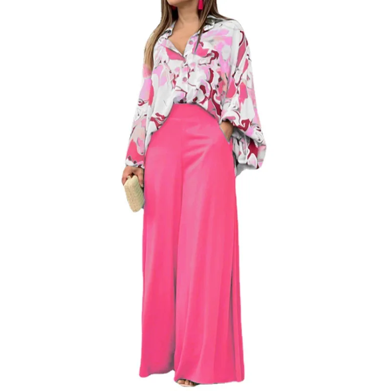 

Design Thin Suits Two Pieces Set Women Long Sleeve Printing Shirts Wide Leg Pants Ladies Girls Summer Autumn Spring Casusal Wear