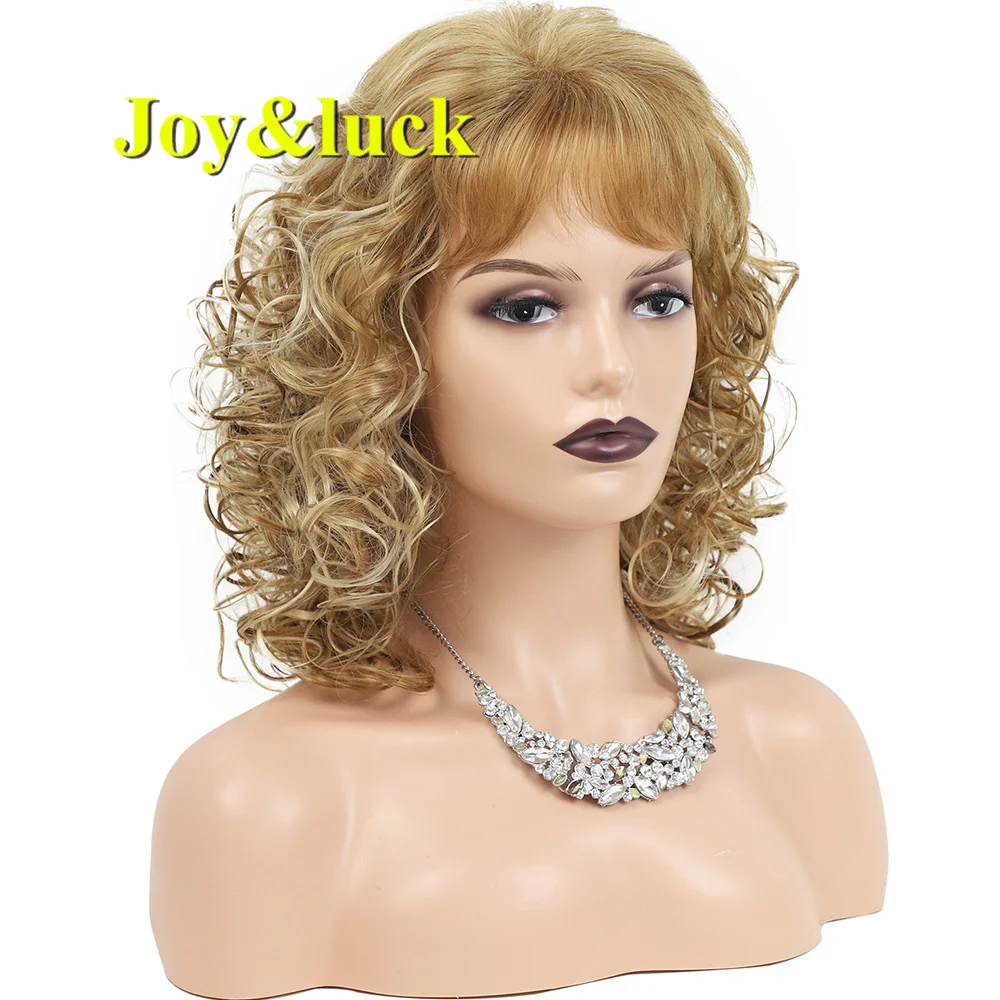 Joy&luck Short Curly Wig Synthetic Hair Wigs Gold Mix Blonde Color Women\'s Full Wig with Bangs Natural Daily Hair Style