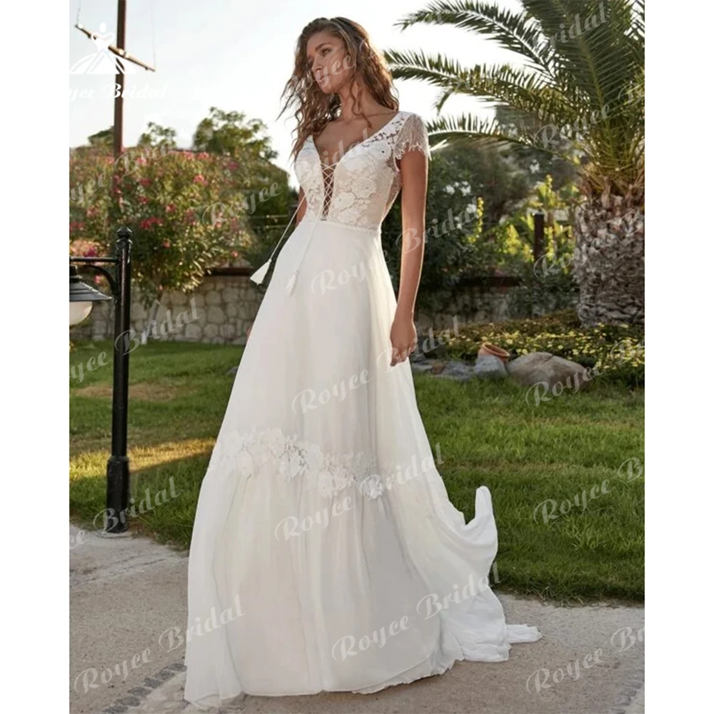 Boho a-line abiti da sposa per le donne abiti da sposa Sexy con scollo a v in pizzo manica senza schienale Lace Up nappa Chiffon Sweep vestidos de