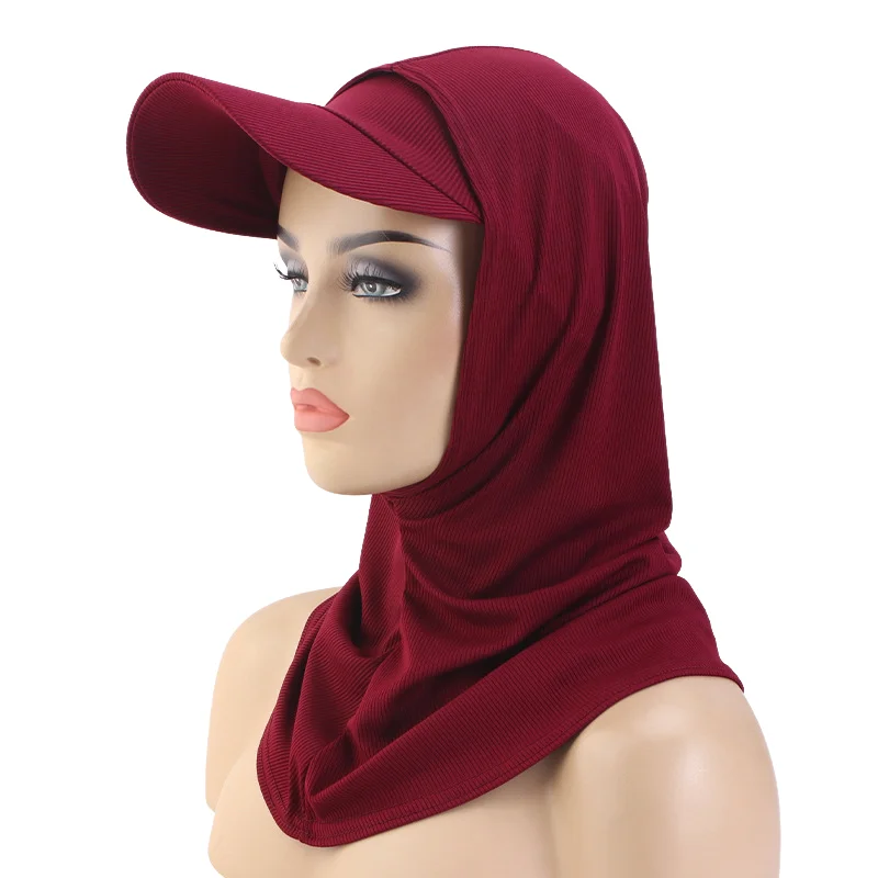 女性用ムスリムヒジャブ2点セット アミラスタイル帽子付きヘッドスカーフ インスタントターバン ヘッドネックカバー アウトドア日よけフード付きラップ 女性用