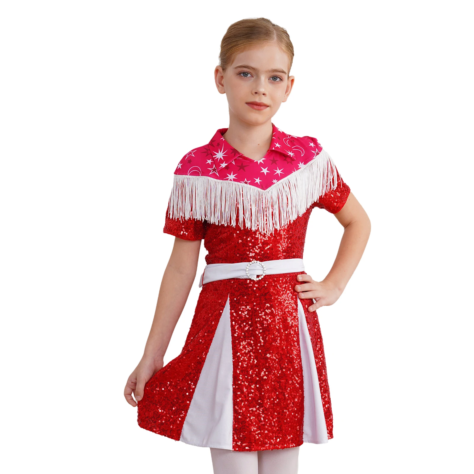 Costume de Cosplay de Cowgirl Occidentale pour Enfant Fille, Robe Plissée à Paillettes Brillantes à Franges, Habillage d'Halloween, Tenue de ix