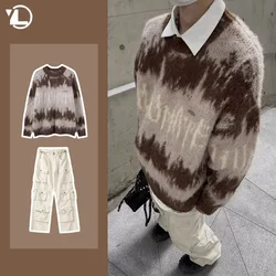 American Hip-hop Sweater Set Mens Printed Fashion Knitted Pullover+casual Multi Pocket Cargo Pants 2-piece Street Trend Suit