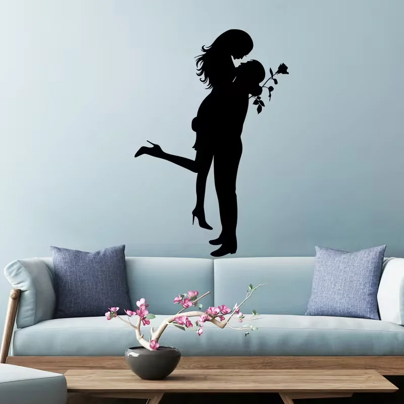 1 Set of Romantic Couple Embrace Silhouette Wall Stickers, Rose Proposal Theme Decorative Stickers, Self-Adhesive And Detachable