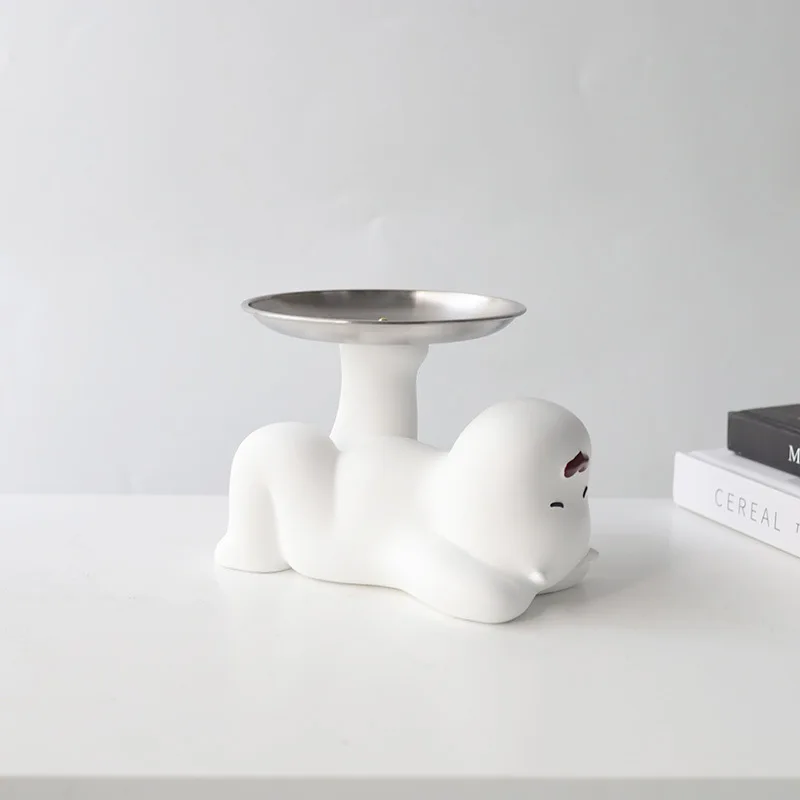 Cute Chinese Style Lucky Cloud Resin Figurine With Stainless Steel Tray Key Candy Storage Holder Entryway Living Room Table Deco