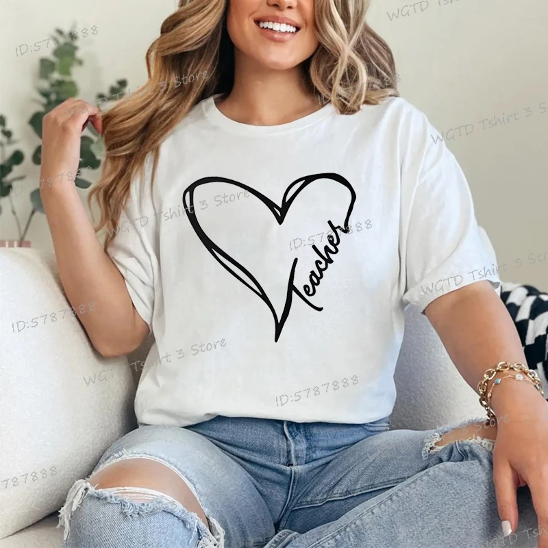 Teacher Heart Graphic T Shirts Women Best Gift for Teachers Crew Neck Casual Top Tees Teacher Life Fashion Short Sleeve T-shirt