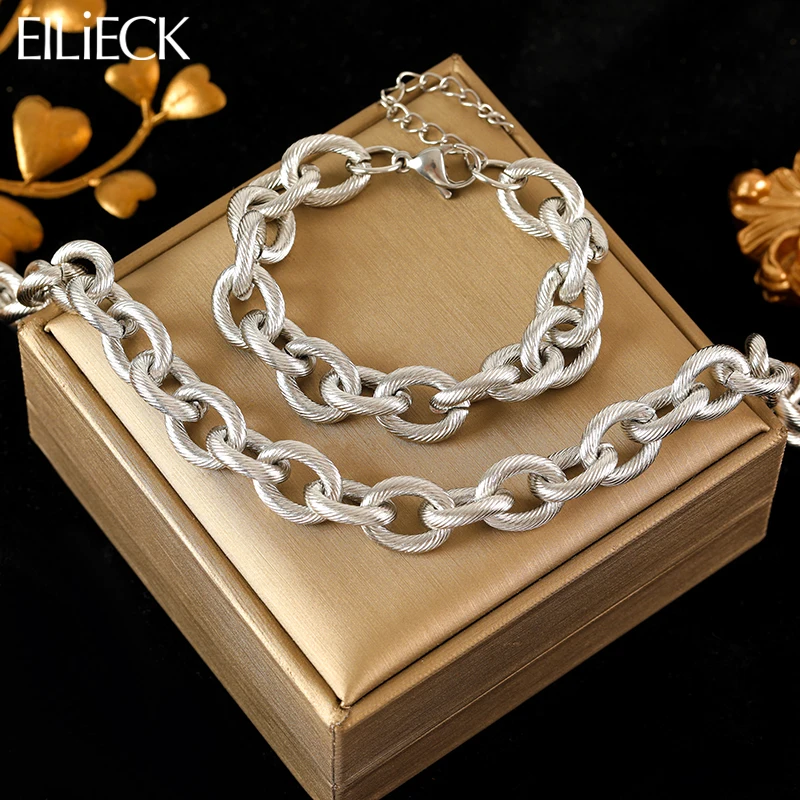 EILIECK 316L acier inoxydable couleur argent chaîne à maillons épais collier Bracelet ensemble pour femmes hommes nouveau Bijoux en métal à la mode Bijoux