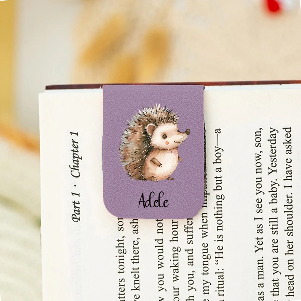 1PC Cool Little hedgehog Customizable Name UV Print Aqua Blue Leather Book Clip For Educational Supplies