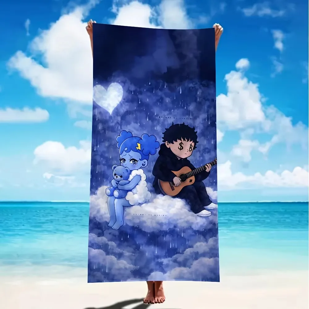 Cute Cartoon Couple On Cloud Rainy Sky Beach Towel Guitar Boy Blue Girl Art Microfiber Quick Dry Sand Free Large Towel