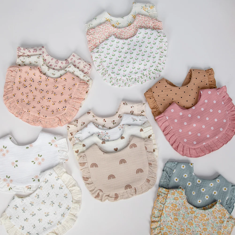 

Flower Print Baby Bibs Adjustable Snap Saliva Towel Ruffled Edge Muslin Cotton Burp Cloths Rainbow A Grade Girls Feeding Scarf