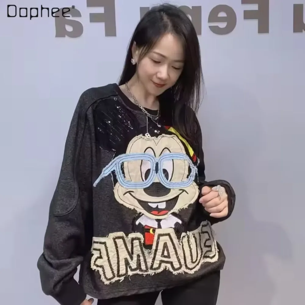 Balck Sweartshirt Women 2025 Autumn Fashion Patch Korean Style Loose Round Neck Pullover Sweatshirt for Women Long Sleevetop