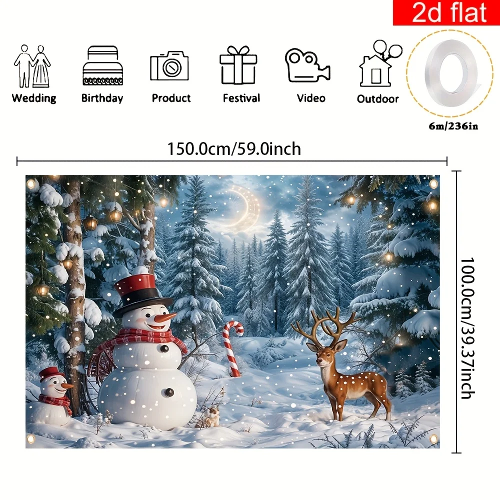 2D Flat, 1pc Festive Christmas Snowman & Reindeer Winter Wonderland Banner - Polyester, No Electricity Needed, Ideal for Home &