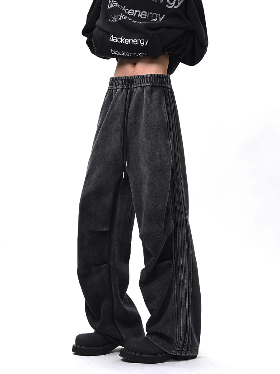 Wmnm Men's Washed American Retro Three Bars Sweatpants Autumn Winter Straight Leg Wide Leg Soldier Pants Sports Casual Long T...