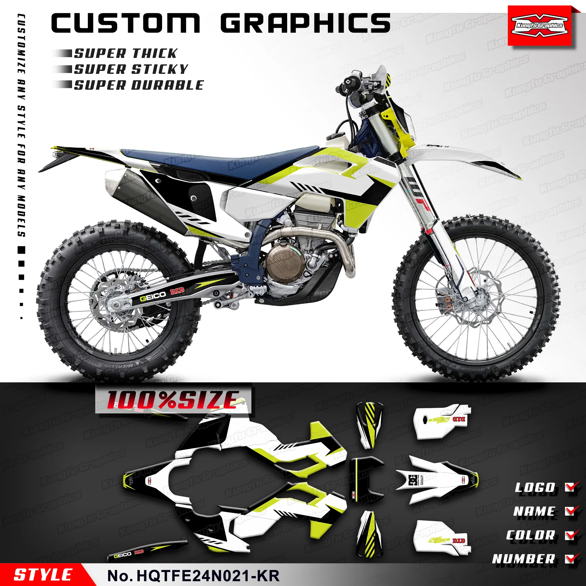 

Набор наклеек KUNGFU GRAPHICS для мотоциклов Husqvarna TE 150 250 300 / FE 350 450 501S 501W 2024-2025, HQTFE24N021-KR