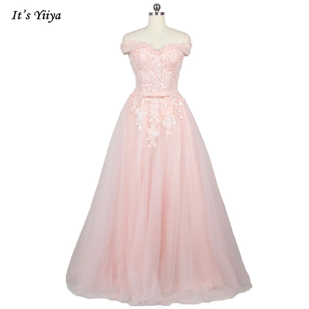 

It's YiiYa Evening Dress Pink Tulle Beading Appliques Off the Shoulder A-line Floor Length Plus size Women Party Dresses Z002