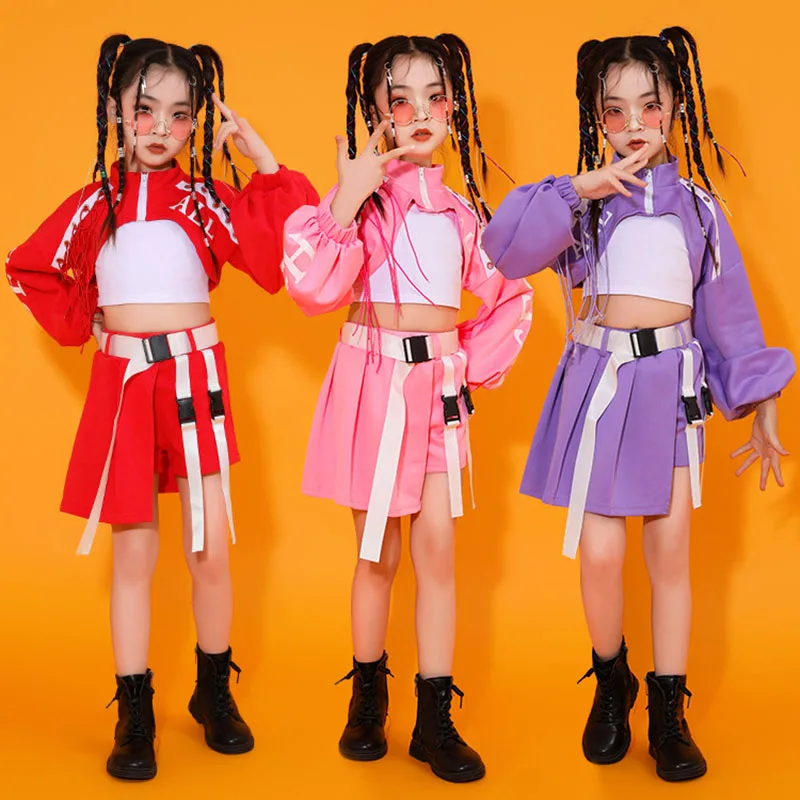 

Kid Hip Hop Clothing Zip Up Sweatshirt Crop Top White Tank Street Skirt Shorts for Girl Jazz Dance Costumes Clothes Set 3 Pcs