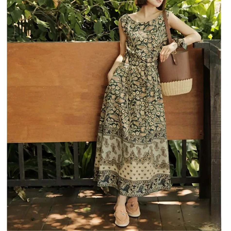 Kiko Dress In 100% Silk Tree Print Floral Sleveless Dresses With Belt 2024 New Butter Soft Women's Clothing