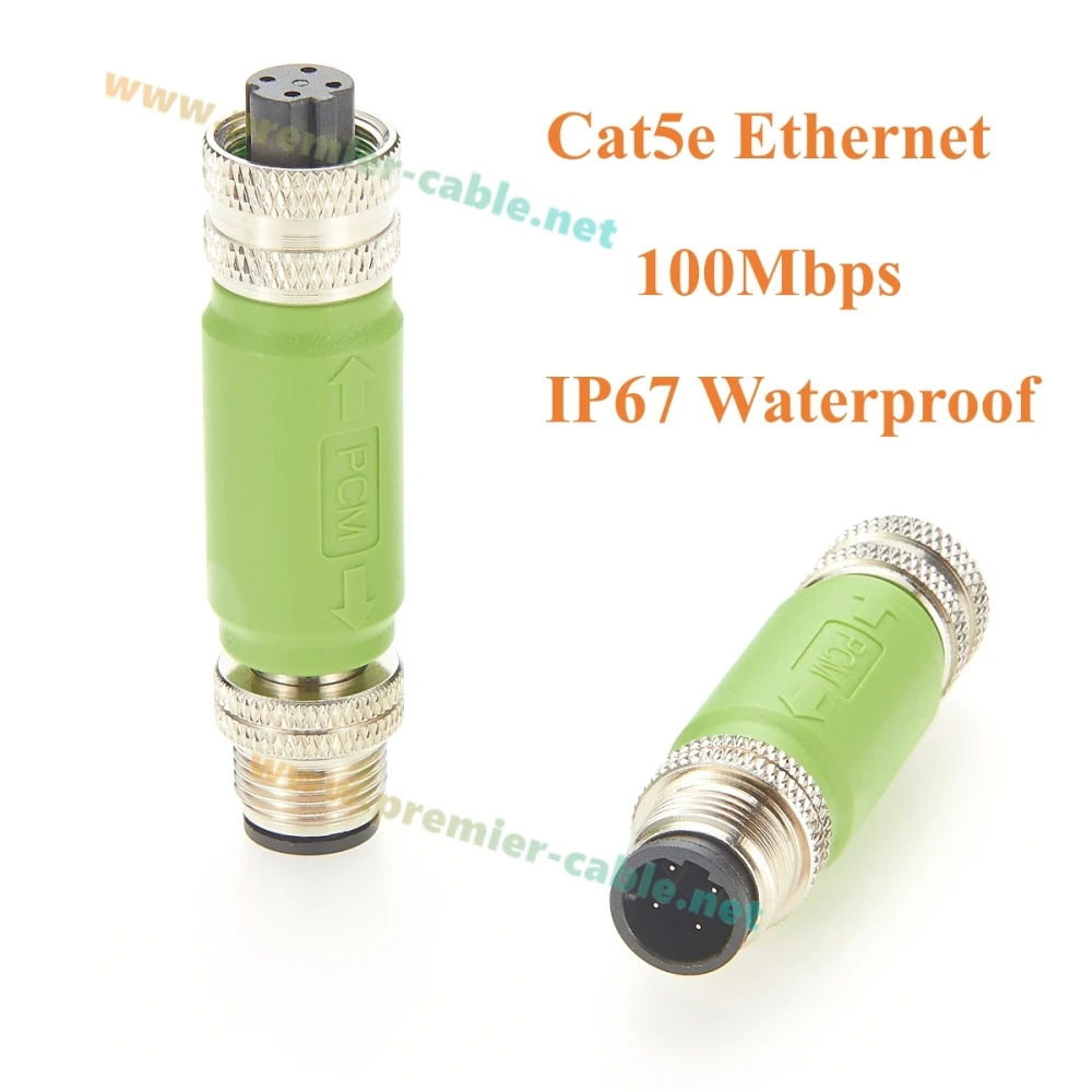 IP67 M12 D Code 4 Pin Cat5e Ethernet Connector 100Mbps Male to Female Inline Coupler Shield Pass-thru for Profinet, I/O Modules