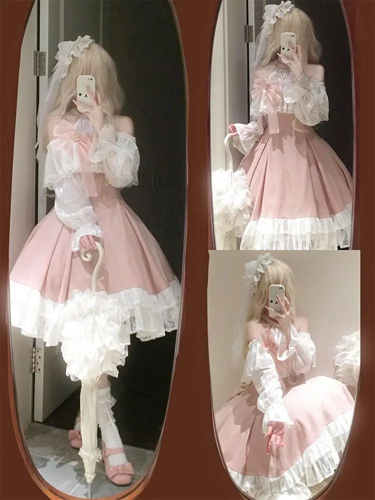 Autunno Inverno Nuovi abiti lunghi eleganti Donna Stile francese Dolce abito da principessa a maniche lunghe Abiti dal design chic estetico rosa