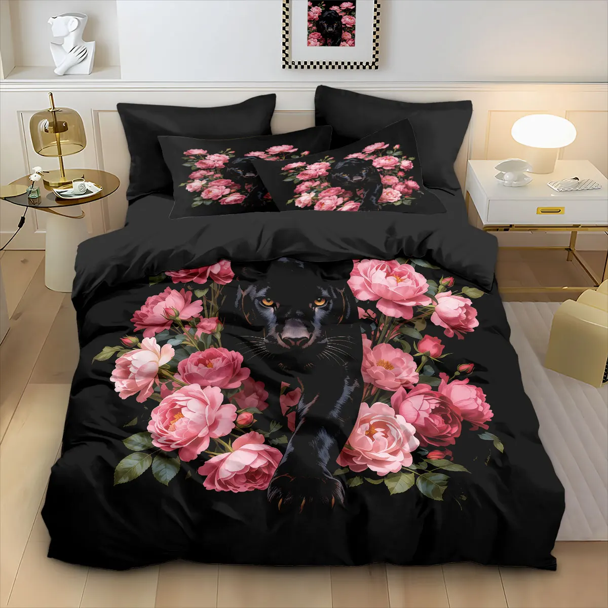 

Комплект из 3 предметов: розовый цветочный принт с черной пантерой, мягкий комплект постельного белья без наполнителя, декор для спальни, разные размеры, машинная стирка