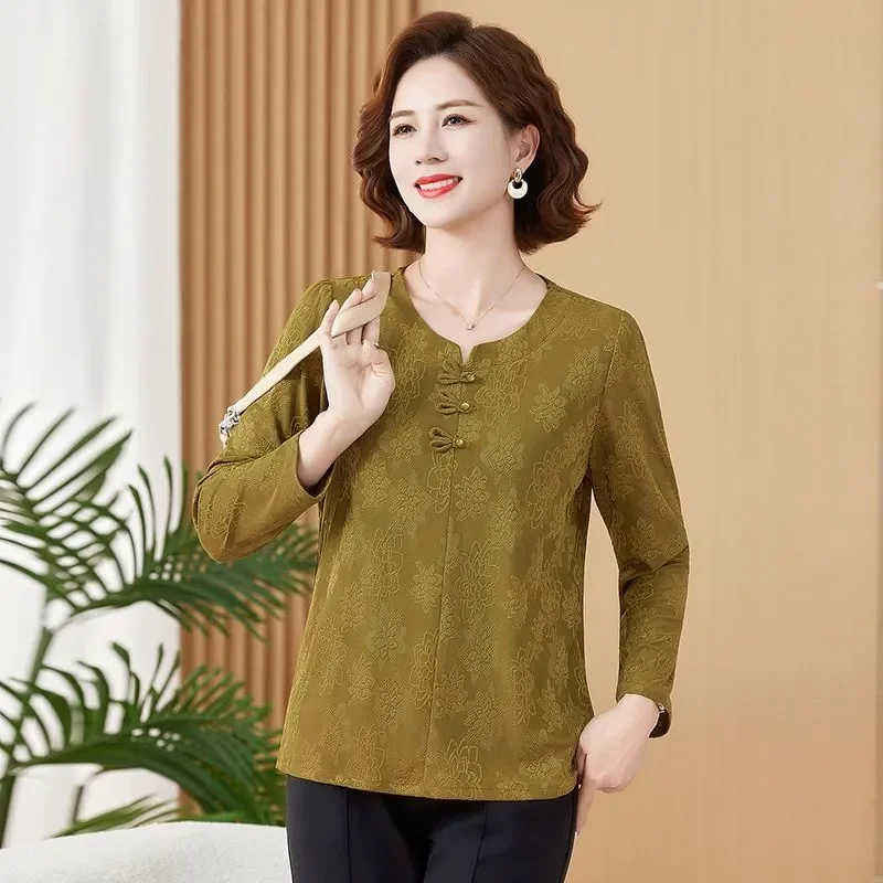 Women Chinese Style Floral Print Long Sleeve Blouse Loose Elegant National Fashion Top For Middle Aged Mothers Spring Autumn