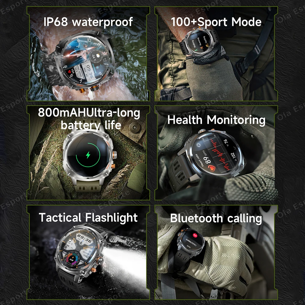 屋外スマートウォッチメンズ 800mah 超ロングバッテリー懐中電灯 GPS トラッカー BT 通話防水軍事スポーツフィットネススマートウォッチ
