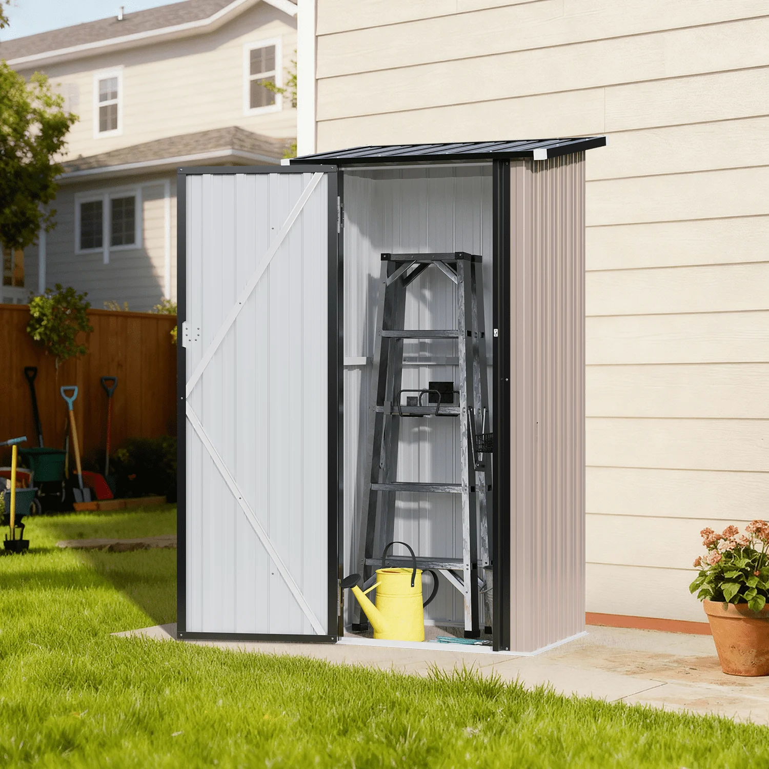 3x3 FT Metal Storage Shed, Small Outdoor Tool Shed with Lockable Door, Brown Garden Storage Cabinet