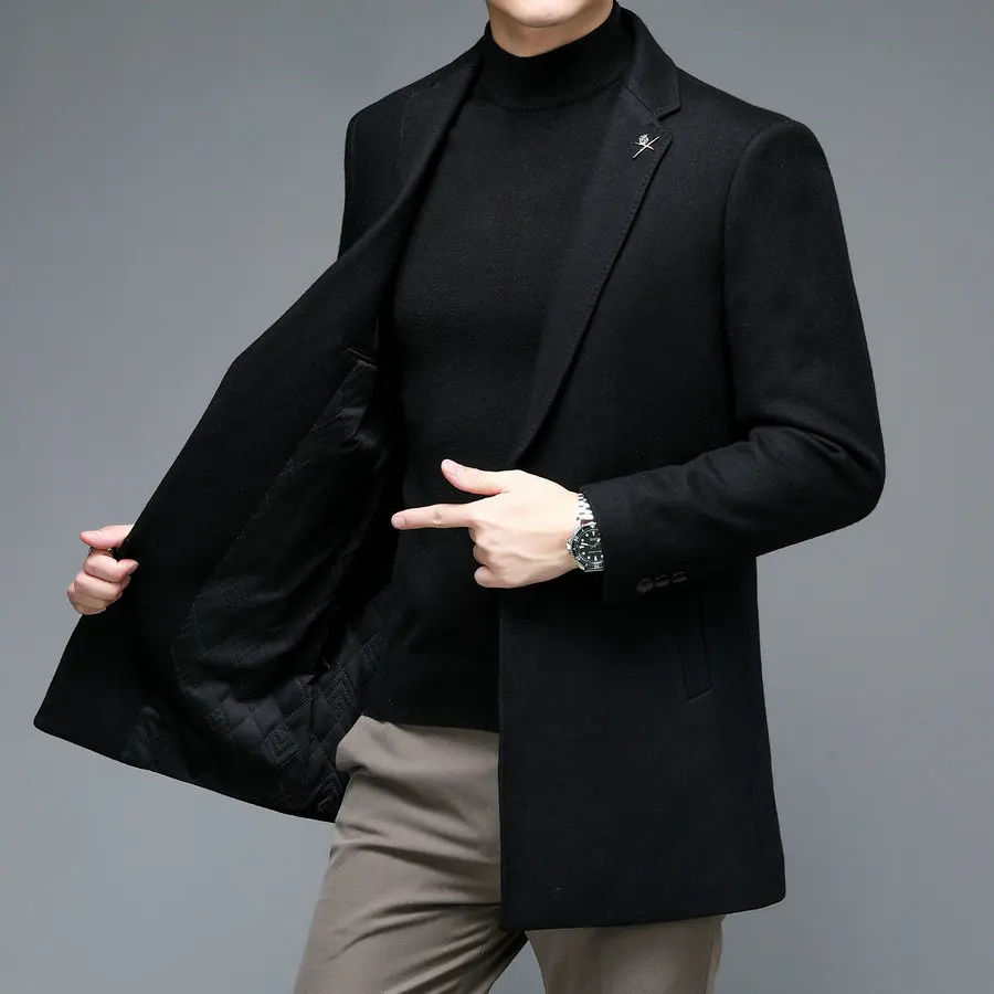 

Men Black Cashmere Wool Overcoat Winter Autumn Warm Soft Sheep Woolen Basic Coats Male Elegant Smart Casual Bunsinss Outfits New