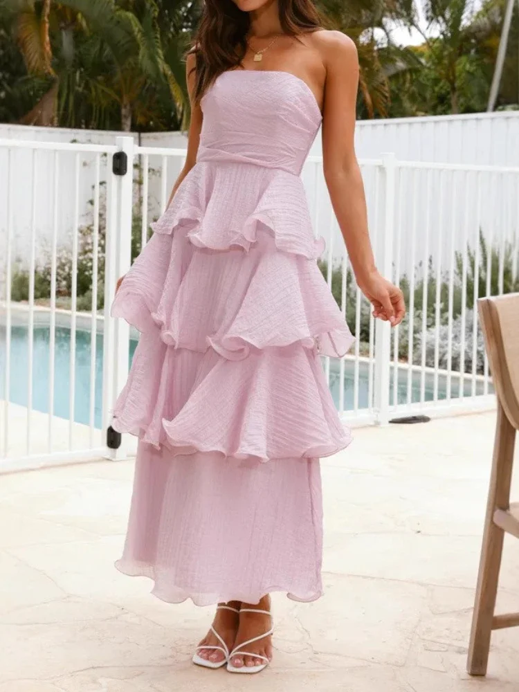 

BluWin Solid Color Multi-layered Hem Banquet Dresses Vacation Vestidos Women's Elegant Tube Top Sexy Backless Party Cake Dress