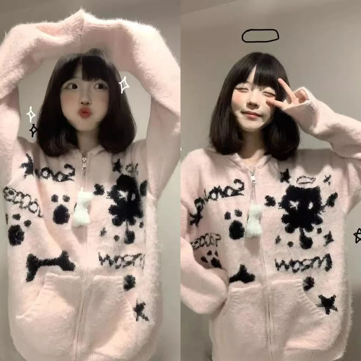 Japanese Kawaii Hooded Winter Knitted Cardigan Stylish Slim Fit New American Vintage Sweet Print Sweater for Women