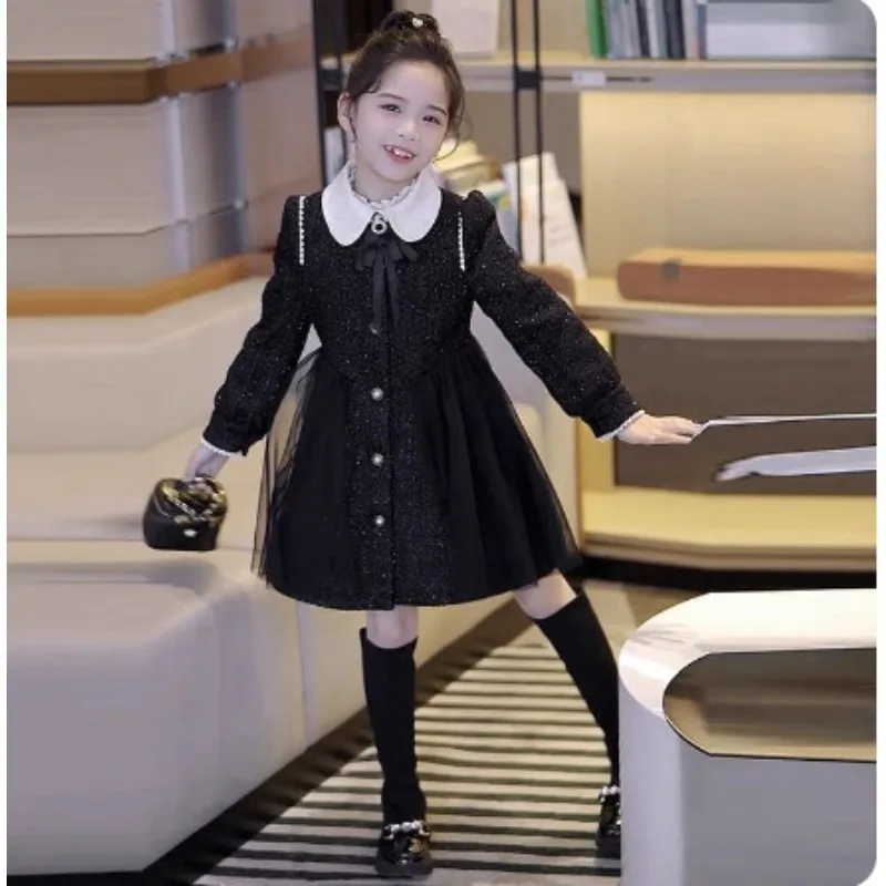 Girls' Small Fragrant Style Dress Spring Autumn and Winter Clothing, Children's Beautiful Mesh Skirt