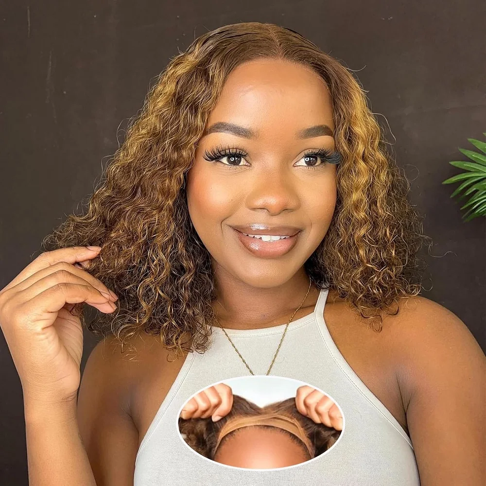 

Short Curly Human Hair Wig 13x4 Transparent Lace Frontal Deep Wave Bob Wigs Human Hair Pre Plucked 200% Density Ombre Deep Wave