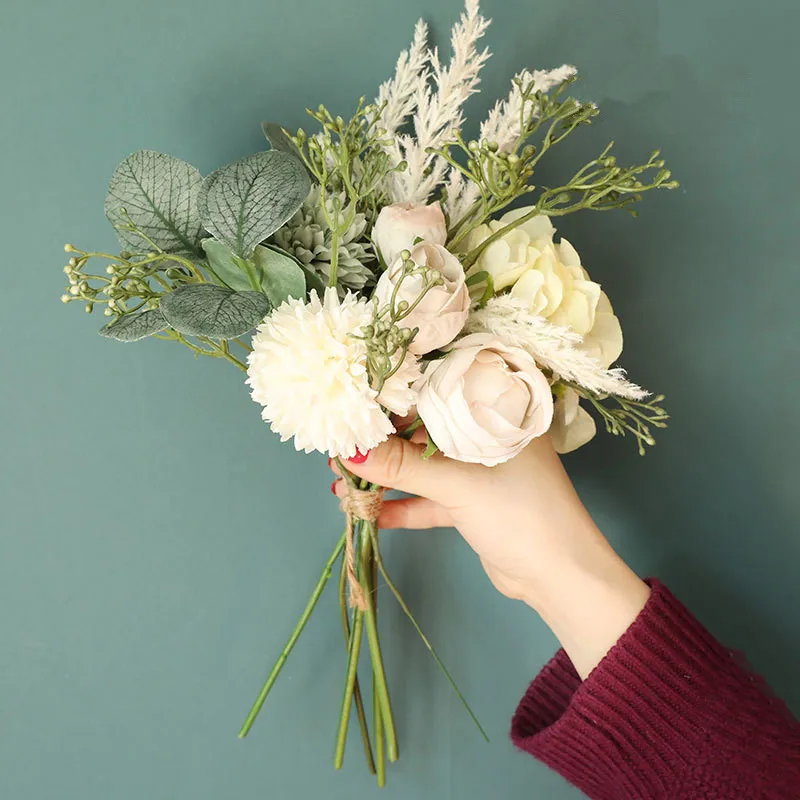 New Hand Flowers Made With Eucalyptus Leaves+Grass And Artificial Flowers, Wedding Home Decor Flores