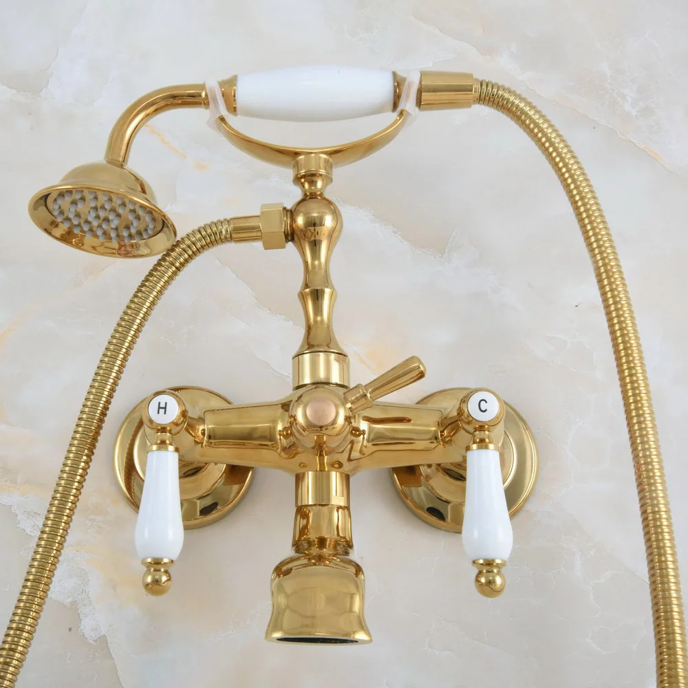 

Contemporary Golden Brass Wall Mounted Bathroom Bathtub Faucet Set with 150CM Hose Handheld Shower Spray Head Mixer Tap Dna866