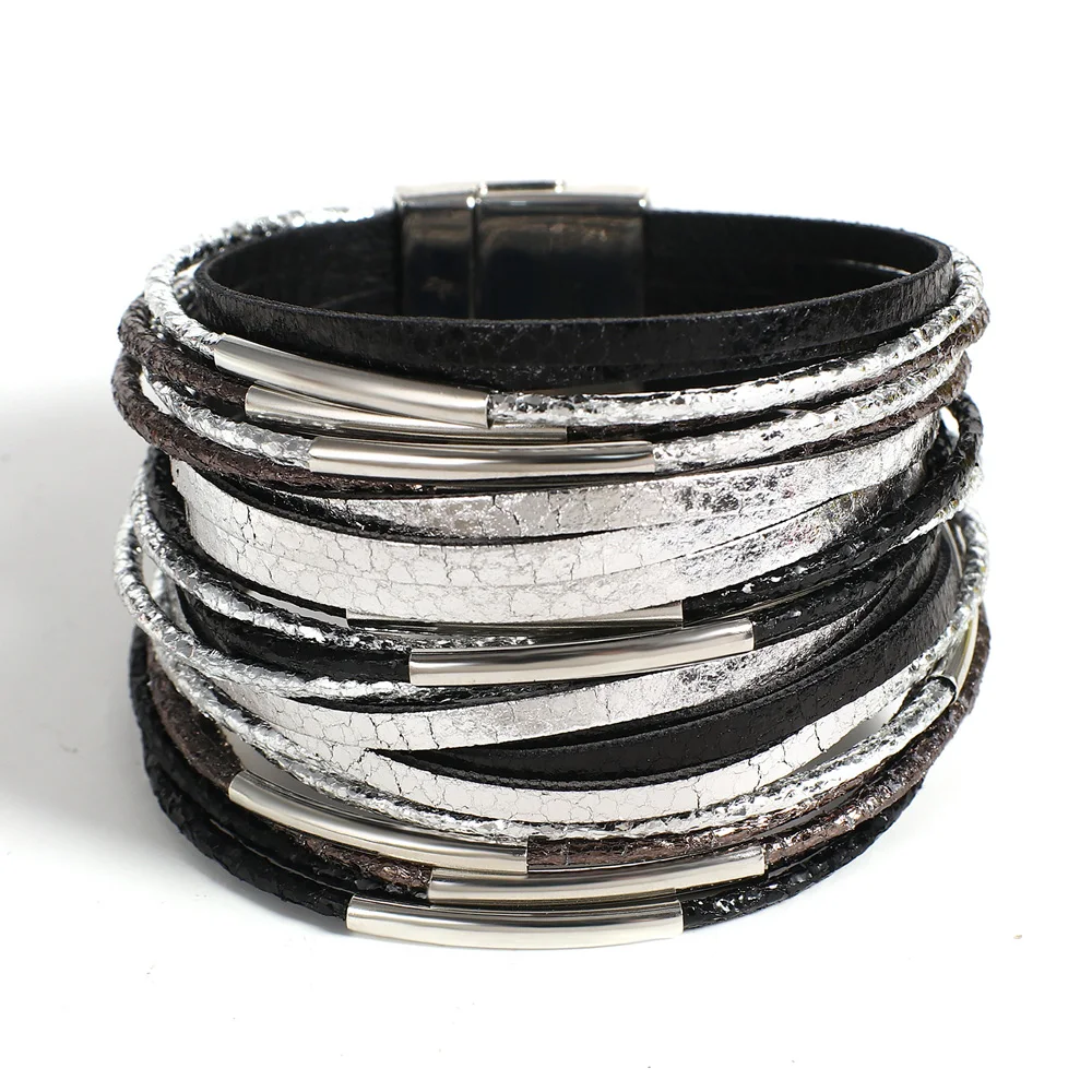 ALLYES Trendy Metal Tube Leather Bracelet for Women Men Chunky Glitter Filled Slim Multilayer Wrap Wide Bracelets Party Jewelry