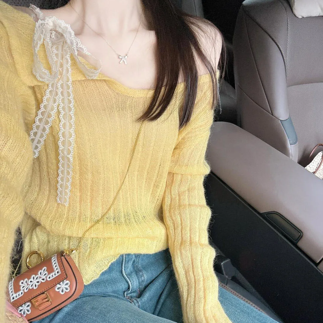 Feminino japonês fora do ombro de malha topo primavera verão nova emenda renda fita design sentido oco fino manga longa topo