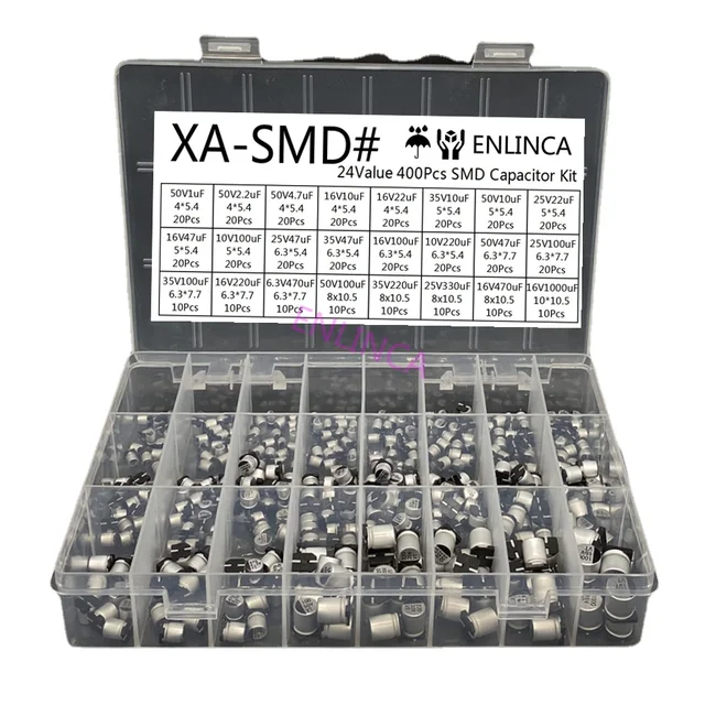 400 sztuk/partia 1uF-1000uF 24 wartości zestaw asortymentowy kondensator elektrolityczny SMD aluminiowy kondensator elektrolityczny