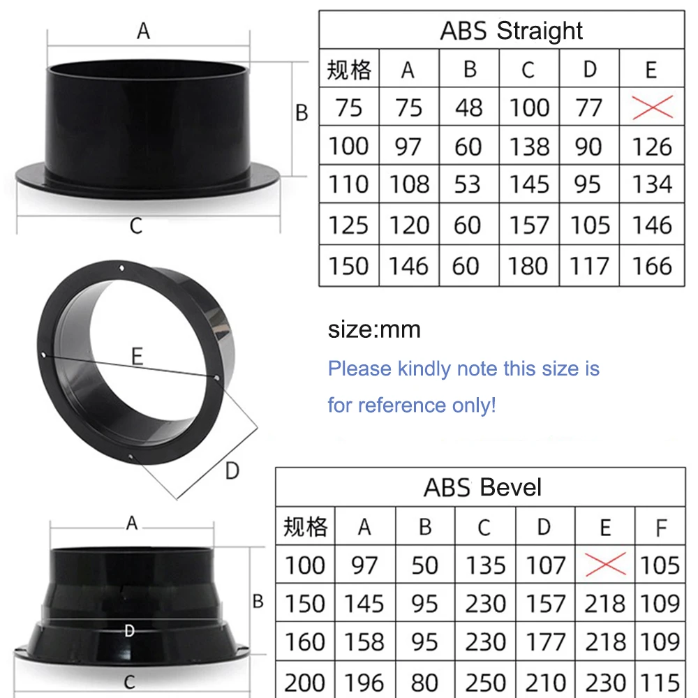 ABS Flange Duct Fan Mangueira Conector, Adaptador de Ventilação de Ar para Exaustor, 75-300mm