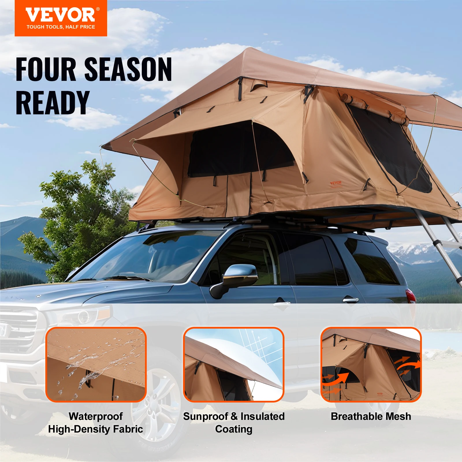 VEVOR Folding Hard Shell Roof Top Tent with Telescopic Ladder Mattress PVC Cover Bag Waterproof for Jeep SUV Van Pickup Truck