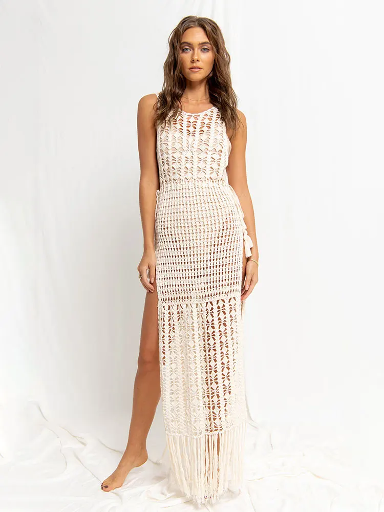 

2024 White Crochet Tunic Bikini Cover-ups Sexy Hollow Out Fringed Mesh Dress Women Summer Beach Wear Swim Suit Cover Up A1289