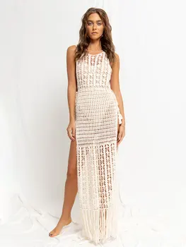 Túnica de ganchillo blanca para mujer, vestido Sexy de malla con flecos calados, ropa de playa para verano, traje de baño para cubrir A1289 2024