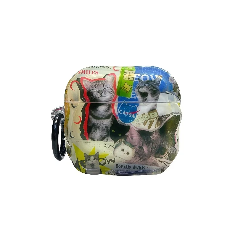 Retro Cat Magazine Collage EarPhone Case with Black Ring For Airpods 1, 2, 3, 4, Pro, Pro2, Pro3, Clear Wavy Cover