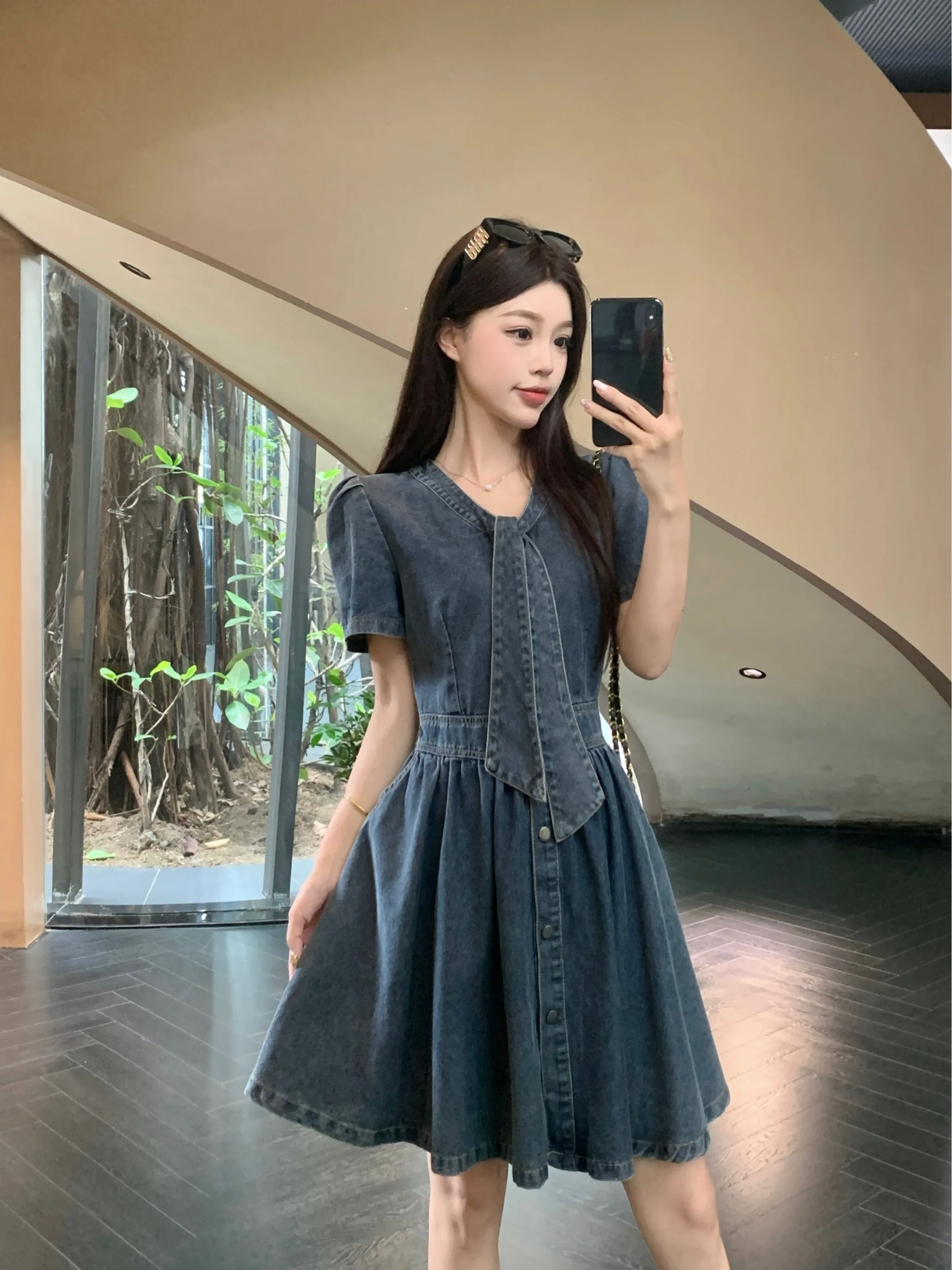 

plus Size Women's Vintage Denim Dr with Belt V-Ne ort A-Line Skirt Slimming Effect Summer New Sle High Waist Design