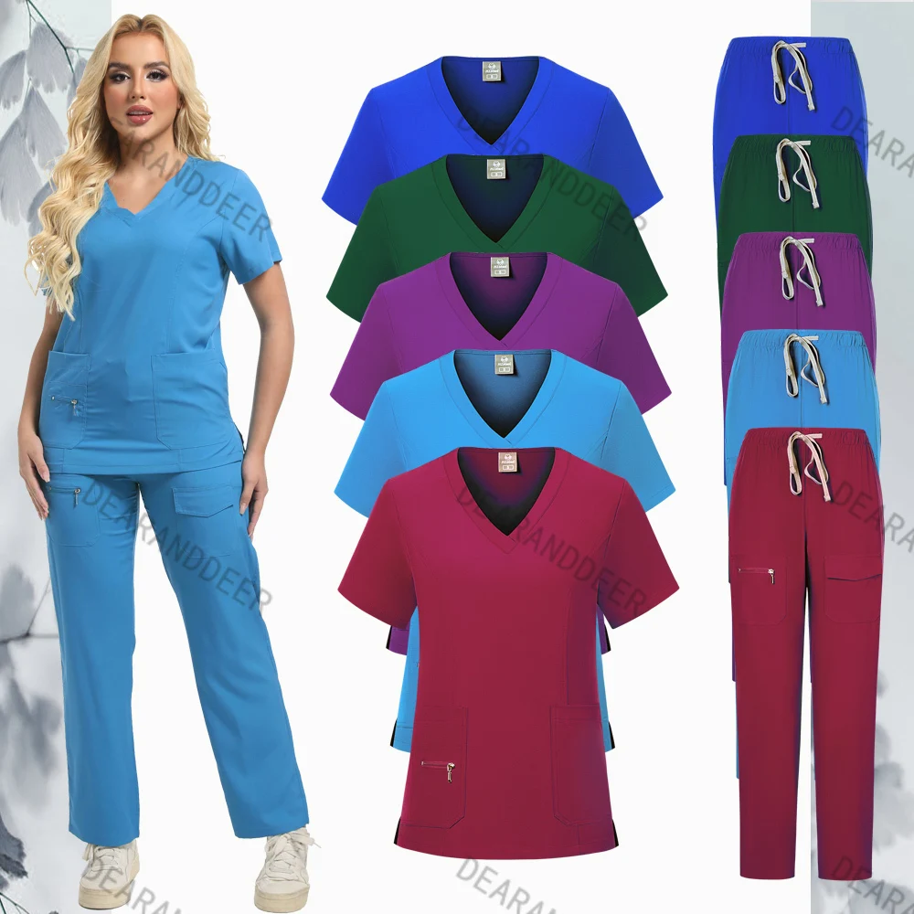 Nova camisa de manga curta com decote em v + calças esportivas para homens e mulheres, pessoal médico hospitalar médicos dentários salão de beleza uniforme de trabalho